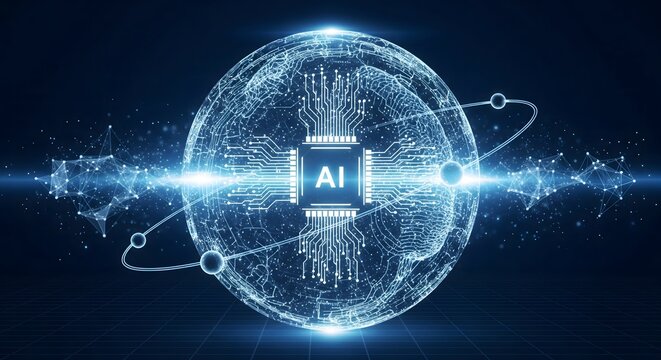 A glowing sphere with a central AI processor chip, representing artificial intelligence and global data networks. A futuristic technology concept.