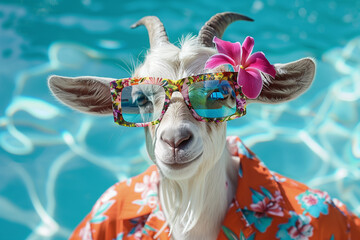 Funny goat in sunglasses and floral shirt near pool