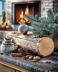 Decorative items including a log, pine branches, and ornaments create a warm Christmas atmosphere by the fireplace