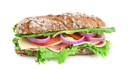 Tasty ciabatta sandwich with cheese and vegetables isolated on white