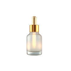 Naklejka premium Elegant frosted glass serum bottle with gold dropper cap, perfect for luxury skincare and beauty product branding and advertising.