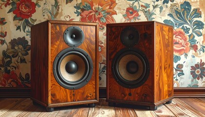 Describe two vintage-style wooden speakers with visible wood grain, dual drivers, and a classic design. Highlight their placement on a patterned rug against floral wallpaper for a retro audio vibe.