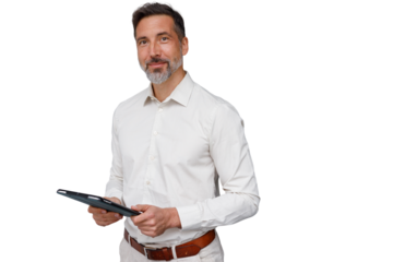 Mature businessman smiling, holding tablet with confident expression, professional corporate portrait against transparent background
