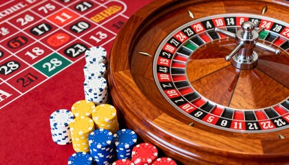 Close-up of a red roulette table with colorful chips and a wooden roulette wheel.