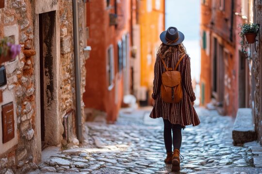 Woman exploring narrow cobblestone street in european old town