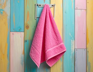 Hand towel on colourful wood wall