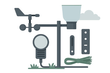 Disassembled parts of a modern home weather station kit with sensors and rain gauge