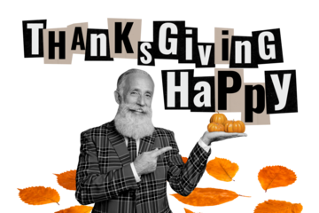 Sketch image composite collage of autumn season happy thanksgiving day aged man stand hand hold pumpkin harvest finger point show leaves
