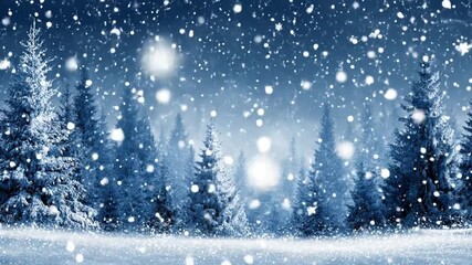 Serene winter night scene with falling snow over snow-covered evergreen trees in a peaceful forest - Powered by Adobe