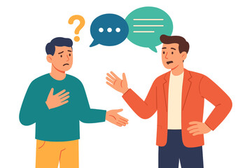 Confused man listening to another person talking with speech bubbles