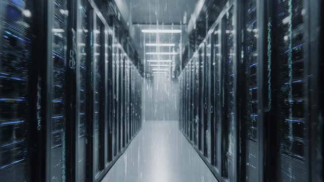 A long data center aisle with glowing server racks and cascading digital code, suggesting high-tech processing