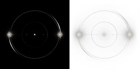 Abstract circular design with contrasting black and white backgrounds, featuring luminous orbs and...