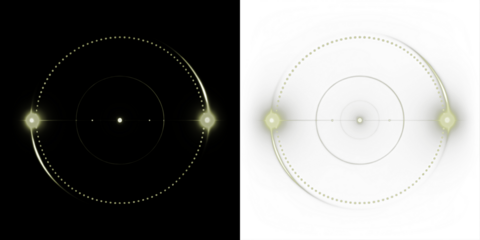 Abstract circular light pattern illustration with glowing orbs on contrasting black and white backgrounds, featuring intricate dotted designs and copy space for creative use