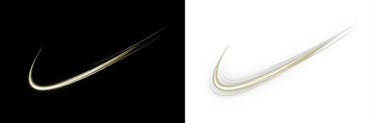 Elegant golden swoosh design on contrasting black and white backgrounds, showcasing dynamic movement and fluidity, ideal for branding and creative projects with copy space