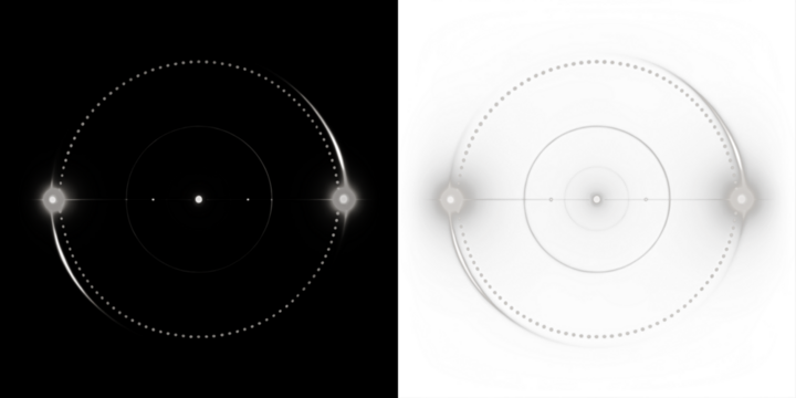 Abstract circular design with contrasting black and white backgrounds, featuring luminous orbs and dotted patterns, creating a visually striking overlay for creative projects