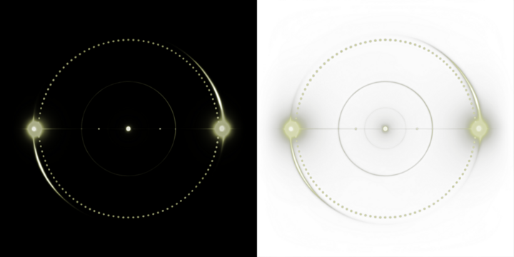 Abstract circular light pattern illustration with glowing orbs on contrasting black and white backgrounds, featuring intricate dotted designs and copy space for creative use - Powered by Adobe