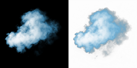 Blue smoke overlay on contrasting black and white backgrounds, creating a dynamic visual effect for artistic and design applications with copy space