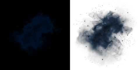 Dark blue smoke overlay with soft edges and scattered particles, creating a mystical atmosphere for artistic design and creative projects with copy space