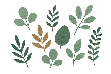 Assortment of stylized botanical leaves in muted green and brown tones