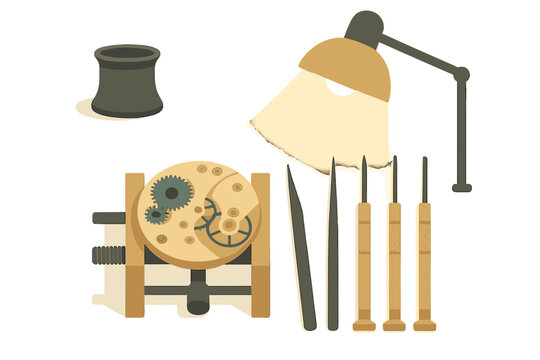 Precision watchmaking tools and disassembled clock movement on workbench