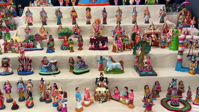 Close-up shot of a Dussehra or Dasara toys arranged for the celebration