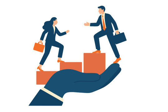 Business people climbing steps held by supportive hand for career growth