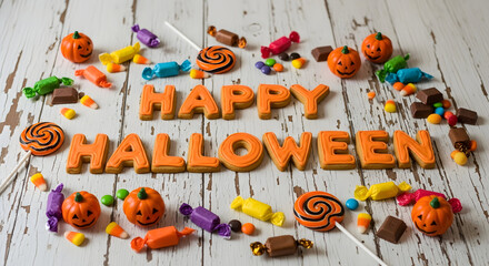 Happy halloween message made of cookie letters surrounded by candy pumpkins lollipops and wrapped sweets on a rustic white wooden surface creating a festive scene