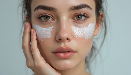Serene young woman with flawless skin applying a nourishing under-eye cream mask as part of her daily beauty and skincare regimen