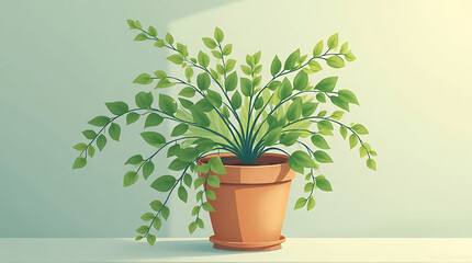 Obraz premium Green Houseplant with Lush Leaves in Clay Pot on Light Background