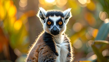 Obraz premium A ring-tailed lemur gazes directly at the camera, with intense orange eyes. The animal is centered. Soft sunlight filters around the animal