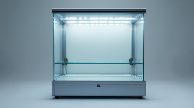 An empty and illuminated museum or retail vitrine with a glass shelf and storage drawer, lit by bright LED lights, perfect for showcasing products or artifacts