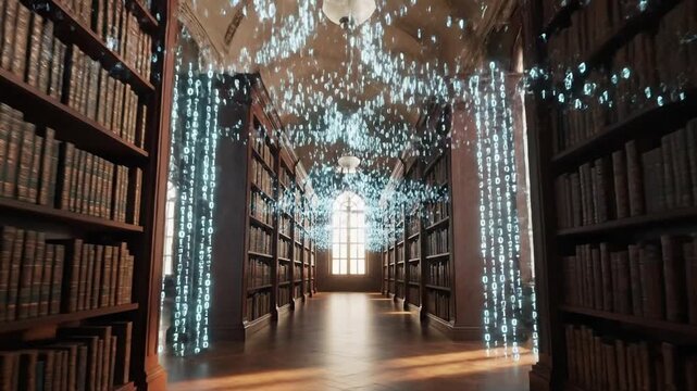 Long dolly through vast classical library. Books disintegrate into glowing binary particles rising toward ceiling, transforming space into digital light. Warm-to-cool color transition, soft orchestral