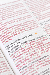 Obraz premium Mustard seed and leaven text in open holy bible book. Christian biblical concept of the kingdom of God. Close-up.