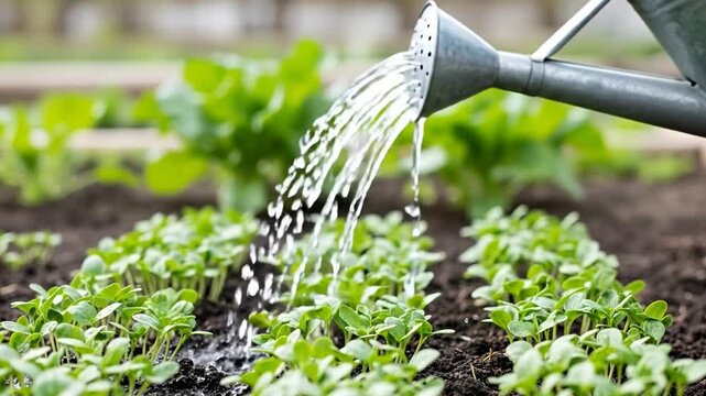 Nurturing new life: watering young seedlings in a vibrant spring garden