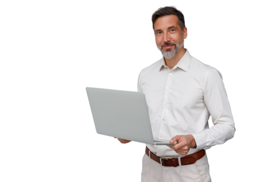 Professional businessman using laptop, smiling confident, looking at camera, engaged in technology, transparent background