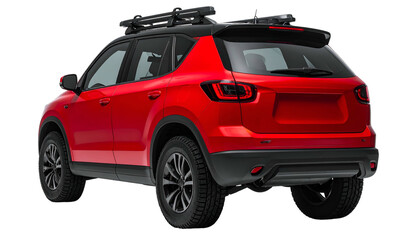 Rear view of a red compact SUV with black roof rack and trim, angled towards left