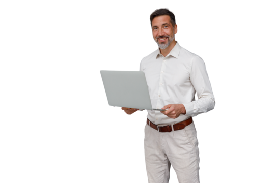 Middle-aged man standing, smiling, holding an open laptop, engaged in digital business, sales, or online support