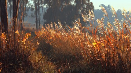 Golden grasses in soft morning light amidst eucalyptus trees