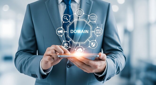 Businessman using smartphone with digital network and domain icon overlay, concept of online business and connectivity - Powered by Adobe