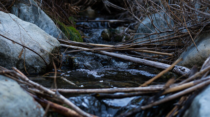 A partially blocked stream with water flowing around branches and rocks. ESG reports, sustainability campaigns, designed for environmental awareness campaigns, used by product managers.