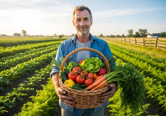 Farmer holding a basket of fresh vegetables in a field at sunrise