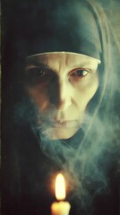 A haunting Slavic nun stands in silence, her presence bridging faith, myth, and the darker side of spirituality.