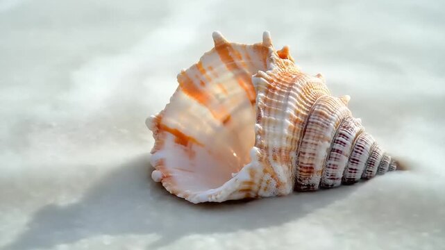 Beautiful seashell on sandy beach with gentle waves