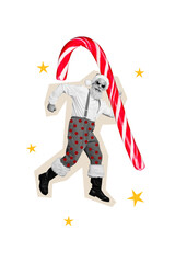 Composite trend artwork sketch image photo collage of merry Christmas holiday celebrate winter season aged man santa claus walk hold candy