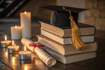 Graduation celebration setup featuring stacked books, candles, and a diploma in a cozy indoor setting