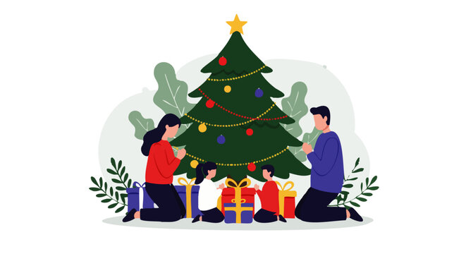 A flat style illustration of a family praying together near a Christmas tree decorated with gifts, symbolizing faith, religious values, gratitude, love, and the spiritual meaning of the holiday season