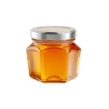 Captivating golden honey fills a sleek hexagonal glass jar with a metallic silver lid, perfect for gourmet food branding and natural product displays.