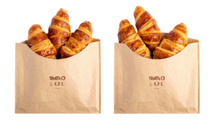 Pastry croissants inside kraft paper bag isolated on transparent background