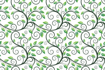 Elegant green leaf swirl seamless pattern with delicate vine curves and artistic foliage design, perfect for wallpaper, fabric, packaging, and natural decorative background projects.