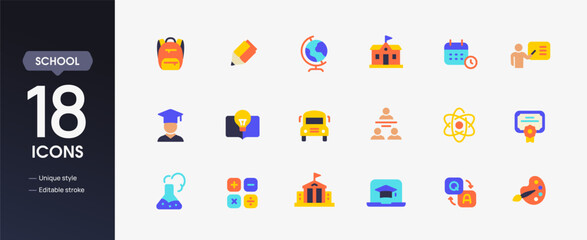 School icon set. Colorful signs or stickers with backpack, diploma, graduate, globe and pencil. Design elements for app or website. Flat vector illustration collection